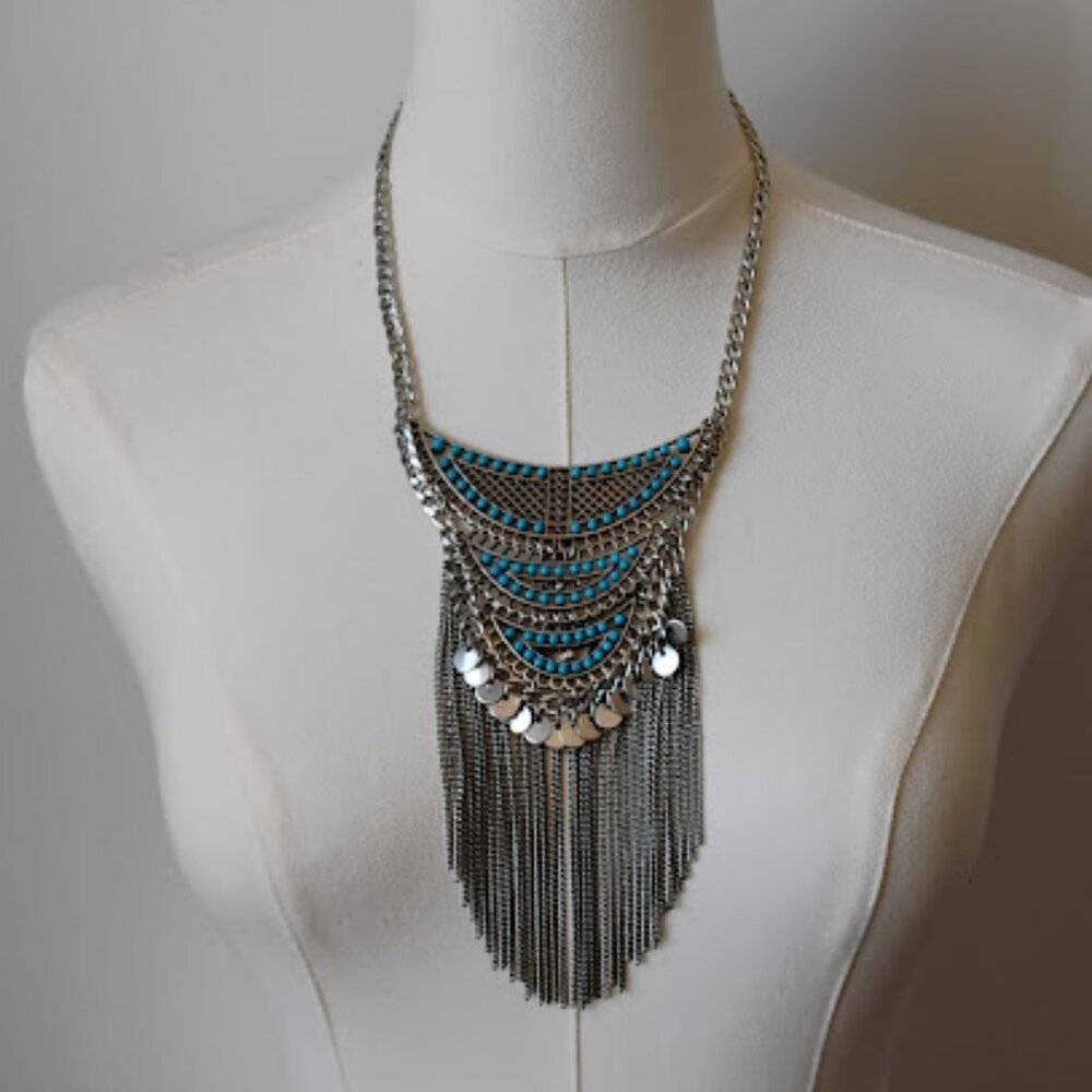 Silver Tone Turquoise Boho Bib Style Necklace